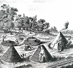 Charcoal: Woodcut engraving depicting the various stages