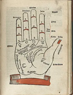 Interpreted: Woodcut of a hand with palmist markings ?