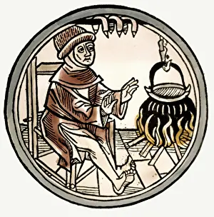 Bask: Woodcut of a man basking in front of a cooking pot