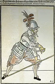Pikeman: Woodcut of an pikeman in position