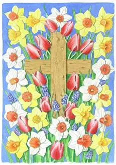 Mclaughlin: Wooden Cross with daffodils and tulips etc