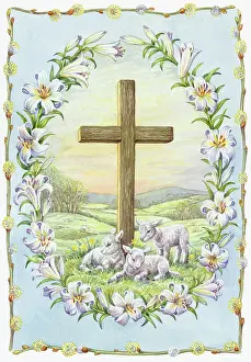 Pussy: Wooden Cross with lambs in landscape