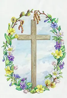 Catkins: Wooden Cross within an oval of spring flowers