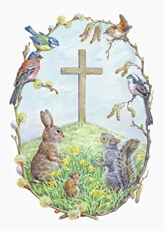 Catkins: Wooden Cross with rabbit, mouse, squirrel, etc