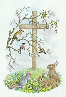 Blackthorn: Wooden Cross with rabbits, squirrel and birds