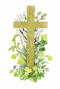 Catkins: Wooden Cross with spring flowers