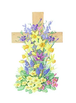 Mclaughlin: Wooden cross with spring flowers