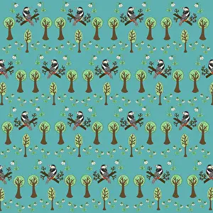 Tess Hines Designs: Woodpeckers in forest repeating pattern