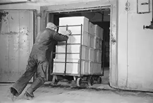 Commodities: Worker pushes a heavy cart of packed eggs ?