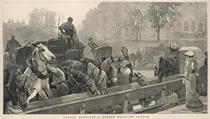 Carthorses: Working horses drinking at a trough, London