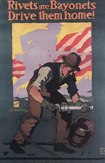 Rivets: Working man with riveter US flag and soldier