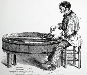 Workman: Workman polishing an electroplated object by hand;