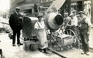 Cement: Workmen with Early Cement Mixer, Unknown Location, England