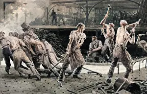 Rivets: Workmen hammering rivets into a vessel