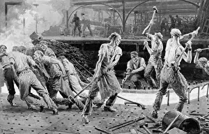 Rivets: Workmen hammering rivets into a vessel