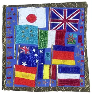 Collage: Nine world flags on blue background with stars