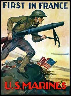Urgency: World War One poster of Marines charging into