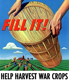 Close Up: World War Two poster of workers harvesting crops in a field