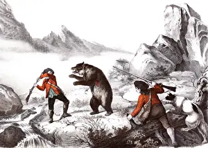 Ferocious: Wounded Bear Attacking Man with Flintlock Rifle Second Hunte