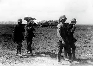 A wounded German soldier on a stretcher during the First Wor