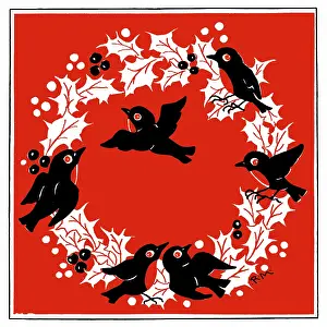 Two Colour: Wreath of Holly and six robins