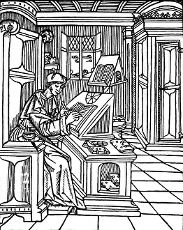 1526: writing, monk sitting at desk with reed pen and