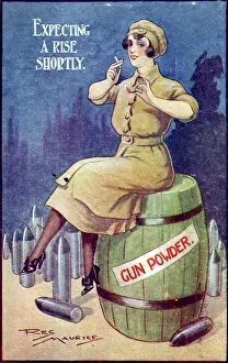 Flammable: WW1 cartoon on postcard - munition worker