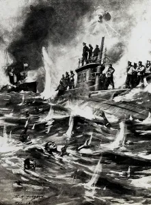 Torpedoed: WW1 - HMS E13 British submarine - Aground and attacked