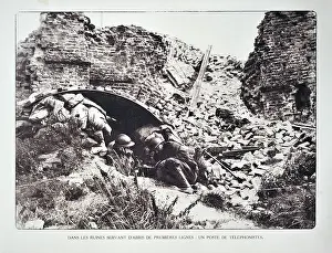 Arterra - Collection Philippe Clément: WW1 - Soldier using telephone at observation post in ruin