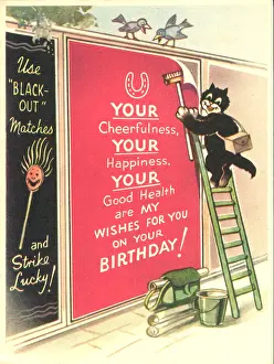 Billposting: WW2 birthday card, cat and poster