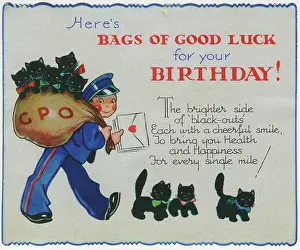 Verse: WW2 birthday card, Postman with black kittens