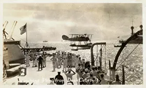 Oct15: WW2 Launching seaplane from deck catapult of a US Battleship