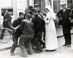 Treated: WWI: wounded soldier treated at Mechelen, Malines, Belgium