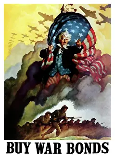 Bonds: WWII poster of Uncle Sam holding an American
