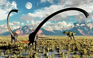 Vulnerability: A Yangchuanosaurus dinosaur stalking an Omeisaurus