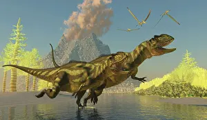 Cones: Yangchuanosaurus dinosaurs running across a stream as a ?
