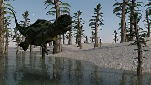 Yangchuanosaurus: Yangchuanosaurus running through water