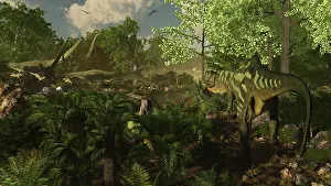 Searching: Yangchuanosaurus spies on a group of Mamenchisaurus