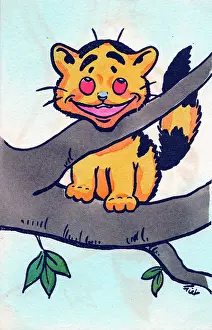 Lewin: Yellow cat in a tree on a postcard