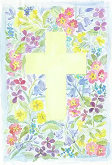 Cowslips: Yellow Easter cross with primulas, bluebells etc