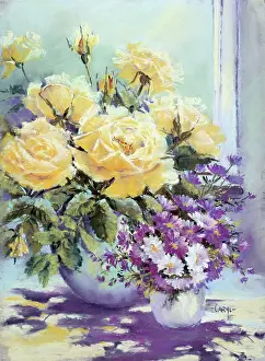 Michaelmas: Yellow roses with Michaelmas daisies