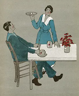 Joyce Dennys: YMCA volunteer serving eggs to sailor, WW1