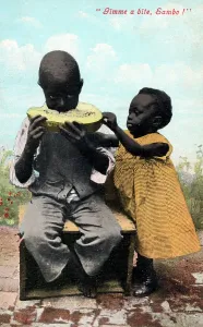 Slander: Two young black children squabbling over a melon