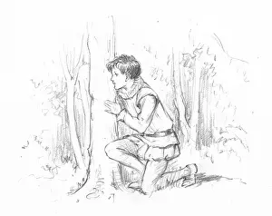 Hides: A young boy crouches as he hides behind a tree