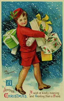 Clapsaddle: Young boy laden with gifts