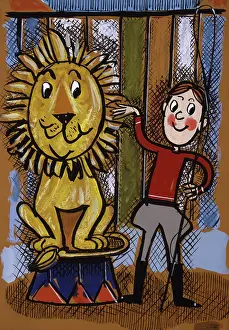 Young boy lion tamer & lion