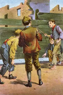Woggle: Four young boys playing a game with a stick and a stone