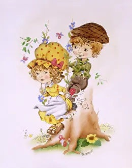 Twee: Young children sitting on a tree stump