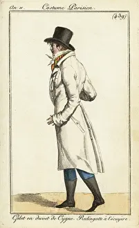 Riding Coat: Young dandy in horse-rider's coat, swan down waistcoat, 1803