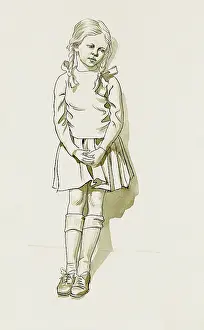 Bows: A young girl leaning backward against a wall